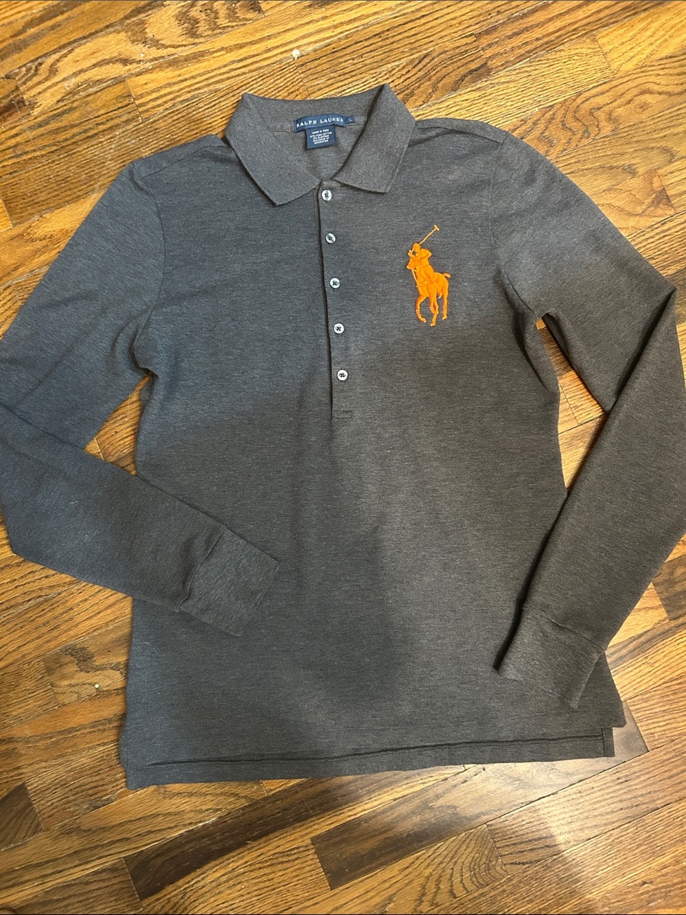 Ralph Lauren Women’s Long-Sleeve Polo — Charcoal with Orange Pony Sz L